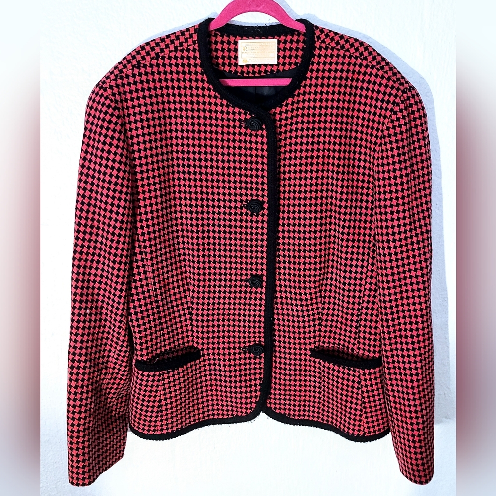 Vtg Pendleton Pink/Black Houndstooth Blazer - 100% Virgin Wool